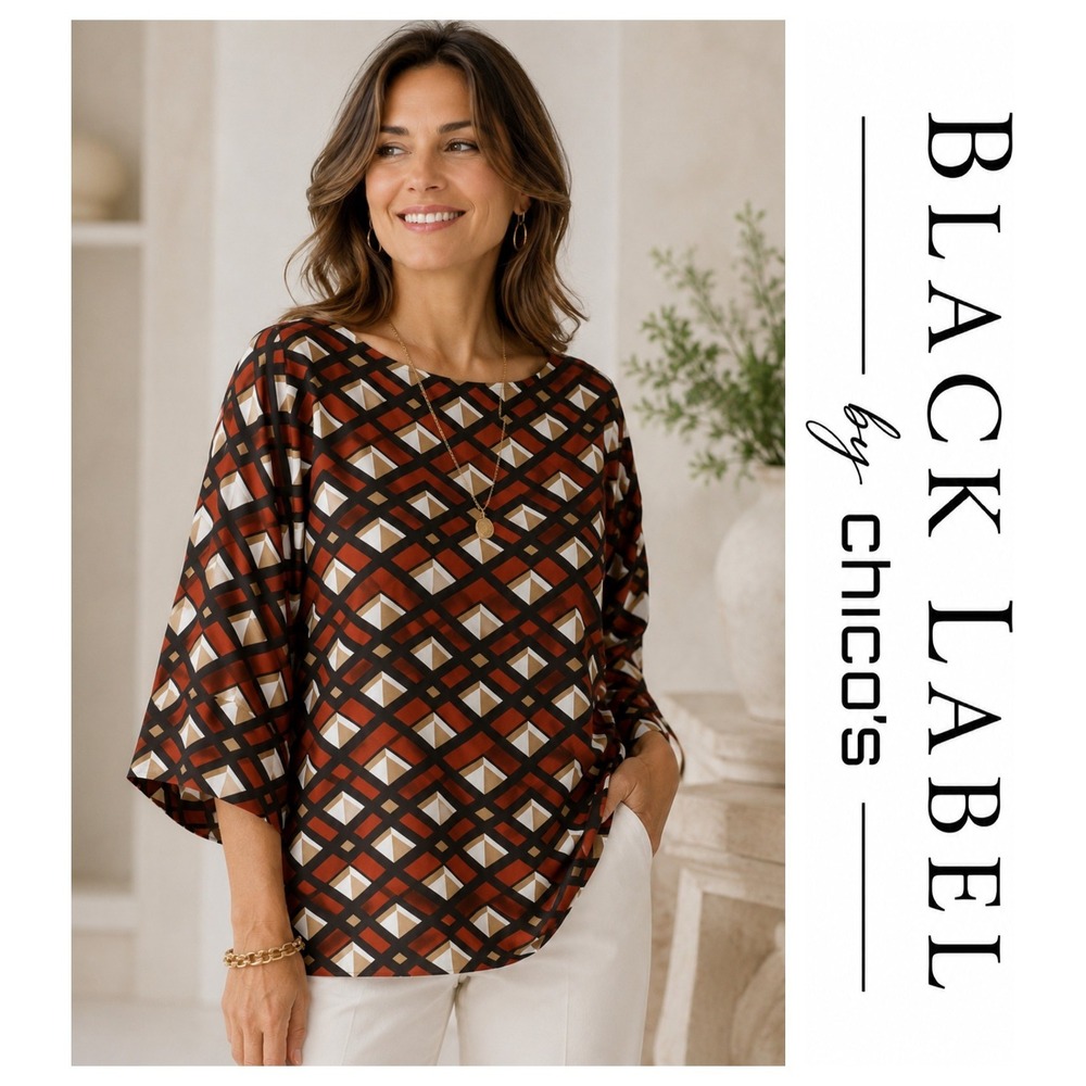 Black Label by Chico's 100% Silk Black Rust Geometric Boxy Blouse 2 (L) NWT $139